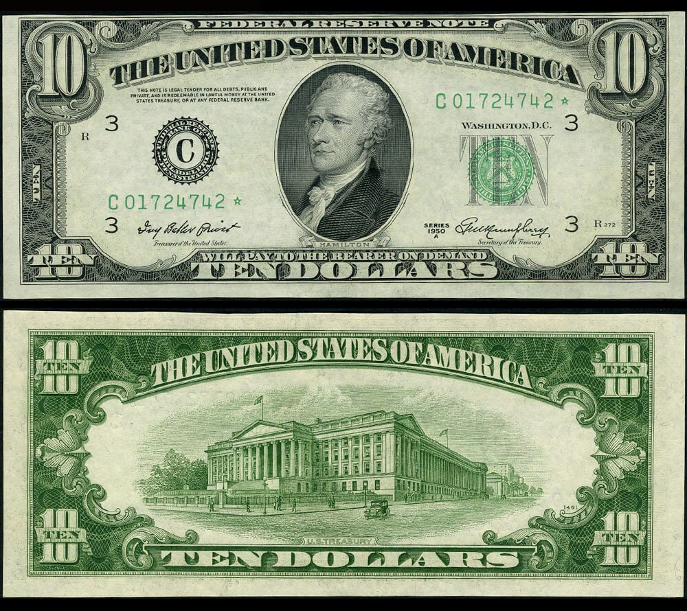 1950-A $10 Philadelphia Federal Reserve Star Note Choice CU: 1950-A $10 Philadelphia Federal Reserve Star Note Choice CU This 1950-A $10 Federal Reserve Note from Philadelphia is a stunning example of currency with excellent paper quality and vibrant colors. Th