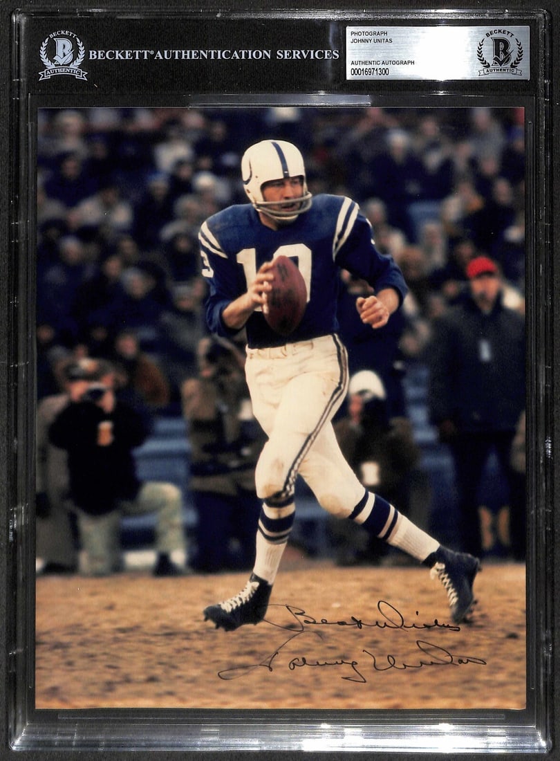 Johnny Unitas Signed 8x10 Photo Baltimore Colts HOF Beckett Authenticated: Johnny Unitas Signed 8x10 Photo Baltimore Colts HOF Beckett Authenticated This is an autographed 8x10 color photograph of Johnny Unitas, the legendary quarterback for the Baltimore Colts and a member 