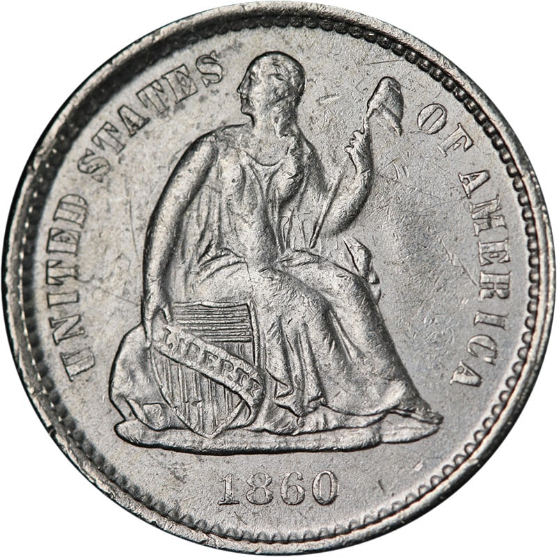 1860 O Seated Liberty silver half dime Uncirculated: 1860 O Seated Liberty silver half dime Uncirculated This 1860-O Seated Liberty Half Dime is an uncirculated silver coin from the United States, featuring attractive luster, strong strike, and appealin