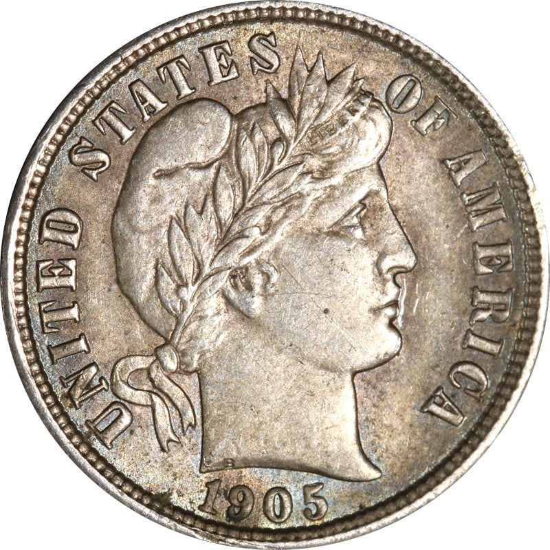 1905 Philadelphia Mint Silver Barber Dime United States Coin: 1905 Philadelphia Mint Silver Barber Dime United States Coin This 1905-P Barber Dime is a circulated silver coin from the United States. Featuring a fineness of 0.9, this pre-owned coin was minted in 