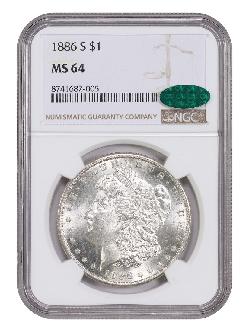 1886-S Morgan Dollar $1 NGC CAC MS64 San Francisco Mint: 1886-S Morgan Dollar $1 NGC CAC MS64 San Francisco Mint 1886-S Morgan Dollar $1 certified by NGC and CAC graded MS64. This San Francisco Mint issue had a low mintage of 750,000 coins, and it is estima