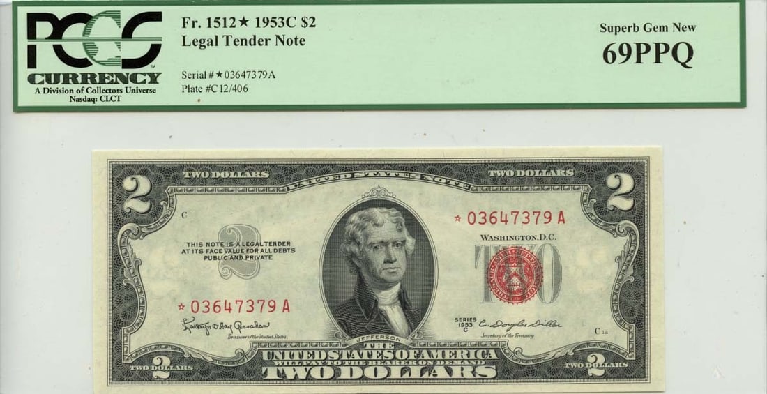 1953 $2 Legal Tender Note FR#1512* PCGS Superb Gem 69 PPQ: 1953 $2 Legal Tender Note FR#1512* PCGS Superb Gem 69 PPQ This 1953 $2 Legal Tender Note (FR#1512*) is a stunning example, graded as Superb Gem 69 by PCGS Currency, with certification number 80086688.