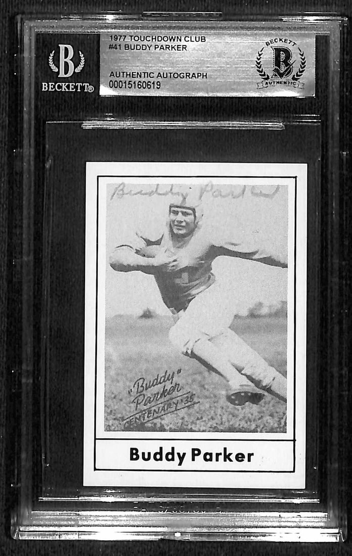 1977 Touchdown Club #41 Buddy Parker Autographed Football Card Beckett Authenticated: 1977 Touchdown Club #41 Buddy Parker Autographed Football Card Beckett Authenticated This is an original 1977 Touchdown Club #41 sports trading card, hand-signed in silver permanent marker by Chicago 