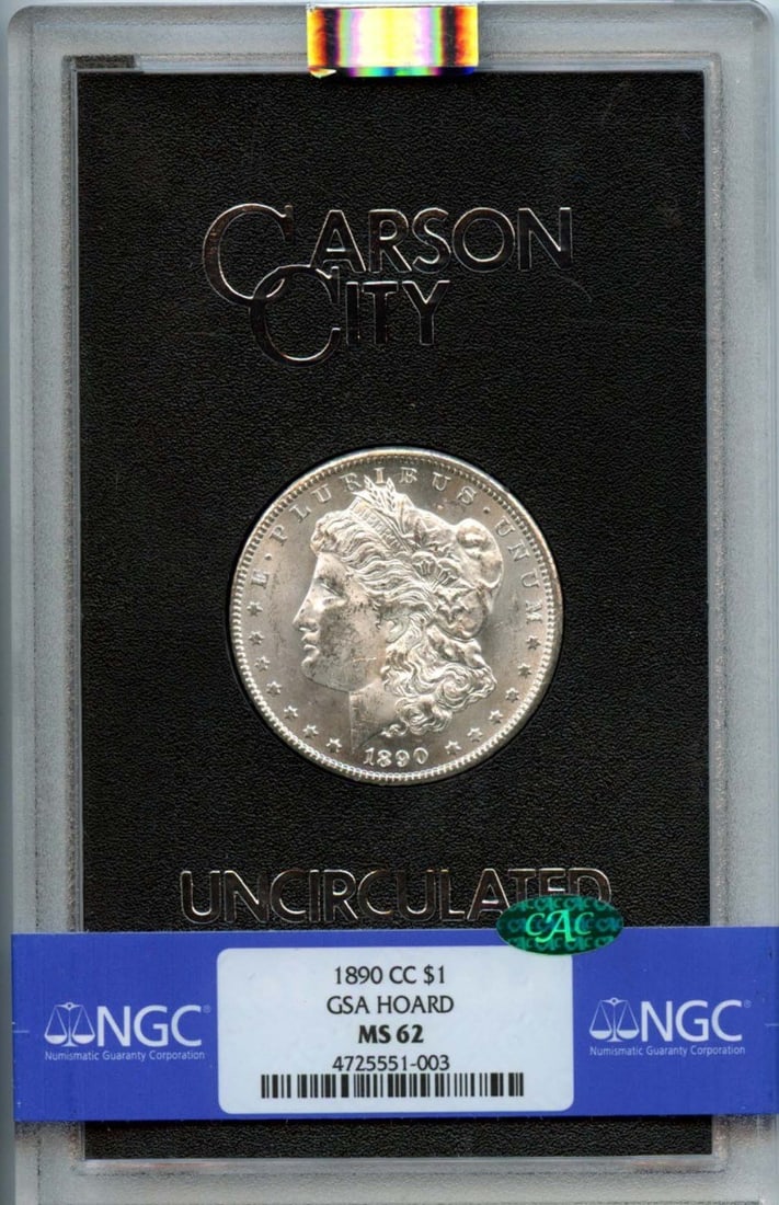 NGC MS62 CAC 1890 Carson City Morgan Silver Dollar GSA Hoard: NGC MS62 CAC 1890 Carson City Morgan Silver Dollar GSA Hoard This is an un-used 1890-CC Morgan Dollar from the GSA Hoard, graded MS62 by NGC with a CAC designation. Minted in Carson City, this collect