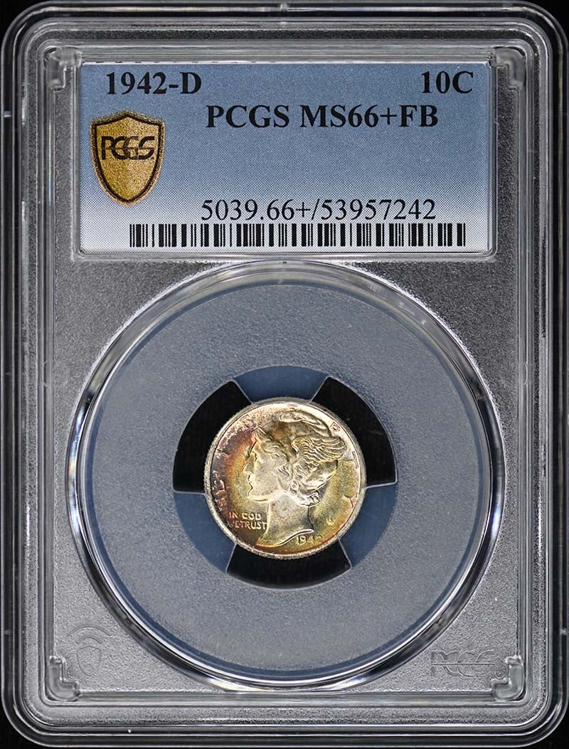 PCGS MS66 Plus FB 1942 D Mercury Dime: PCGS MS66 Plus FB 1942 D Mercury Dime This 1942-D Mercury Dime is graded MS66+ with Full Bands (FB) designation by PCGS. Struck at the Denver Mint, this uncirculated coin is a fine example of the clas