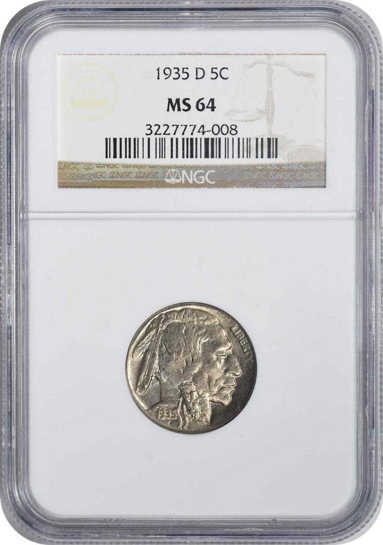 NGC MS64 1935-D Buffalo Nickel RPM 5: NGC MS64 1935-D Buffalo Nickel RPM 5 This is a 1935-D/D Buffalo Nickel featuring a repunched mintmark (RPM 5), graded MS64 by NGC. The coin is uncirculated and encapsulated in a protective holder. It 