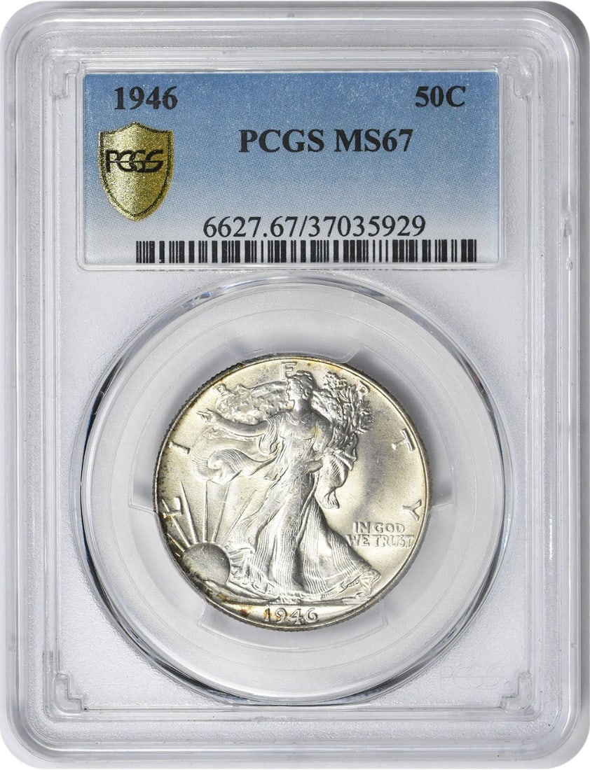 1946 Walking Liberty Silver Half Dollar MS67 PCGS Uncirculated: 1946 Walking Liberty Silver Half Dollar MS67 PCGS Uncirculated This 1946 Walking Liberty Silver Half Dollar is a stunning piece, graded MS67 by PCGS, indicating its exceptional uncirculated condition.