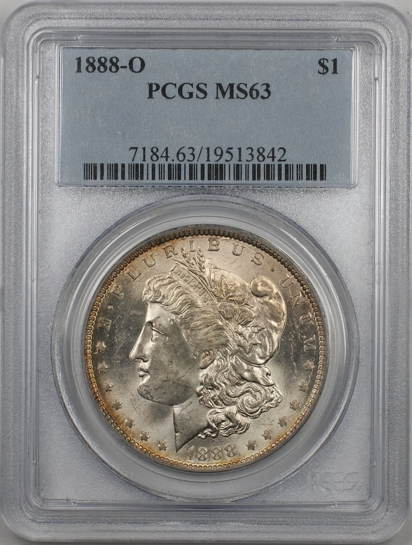 PCGS MS63 1888-O Morgan Dollar Silver Coin from New Orleans Mint: PCGS MS63 1888-O Morgan Dollar Silver Coin from New Orleans Mint This is an 1888-O Morgan Silver Dollar $1 coin, certified by PCGS with a grade of MS-63. Minted in New Orleans, this uncirculated coin 