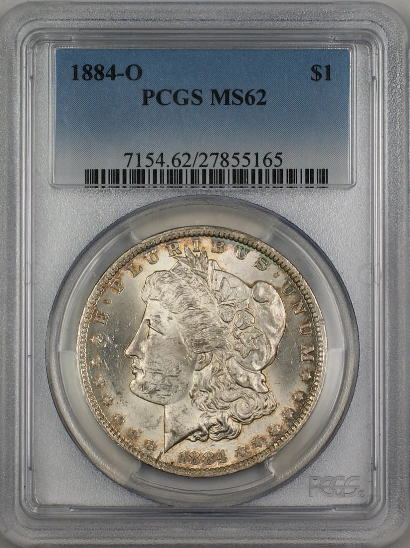 PCGS MS-62 1884-O Morgan Dollar Silver Uncirculated New Orleans Mint: PCGS MS-62 1884-O Morgan Dollar Silver Uncirculated New Orleans Mint This 1884-O Morgan Silver Dollar is certified by PCGS with a grade of MS-62. Struck at the New Orleans Mint, the coin features a li