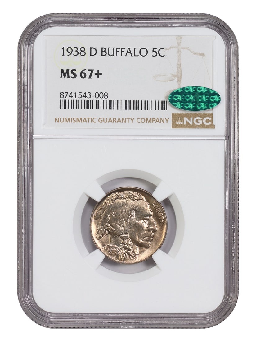 NGC MS67+ CAC 1938-D Buffalo Nickel 5C Denver Mint: NGC MS67+ CAC 1938-D Buffalo Nickel 5C Denver Mint 1938-D Buffalo Nickel, denomination 5C, struck in Denver and certified by NGC. The coin is pre-owned and designated MS67+ with CAC approval. Specific