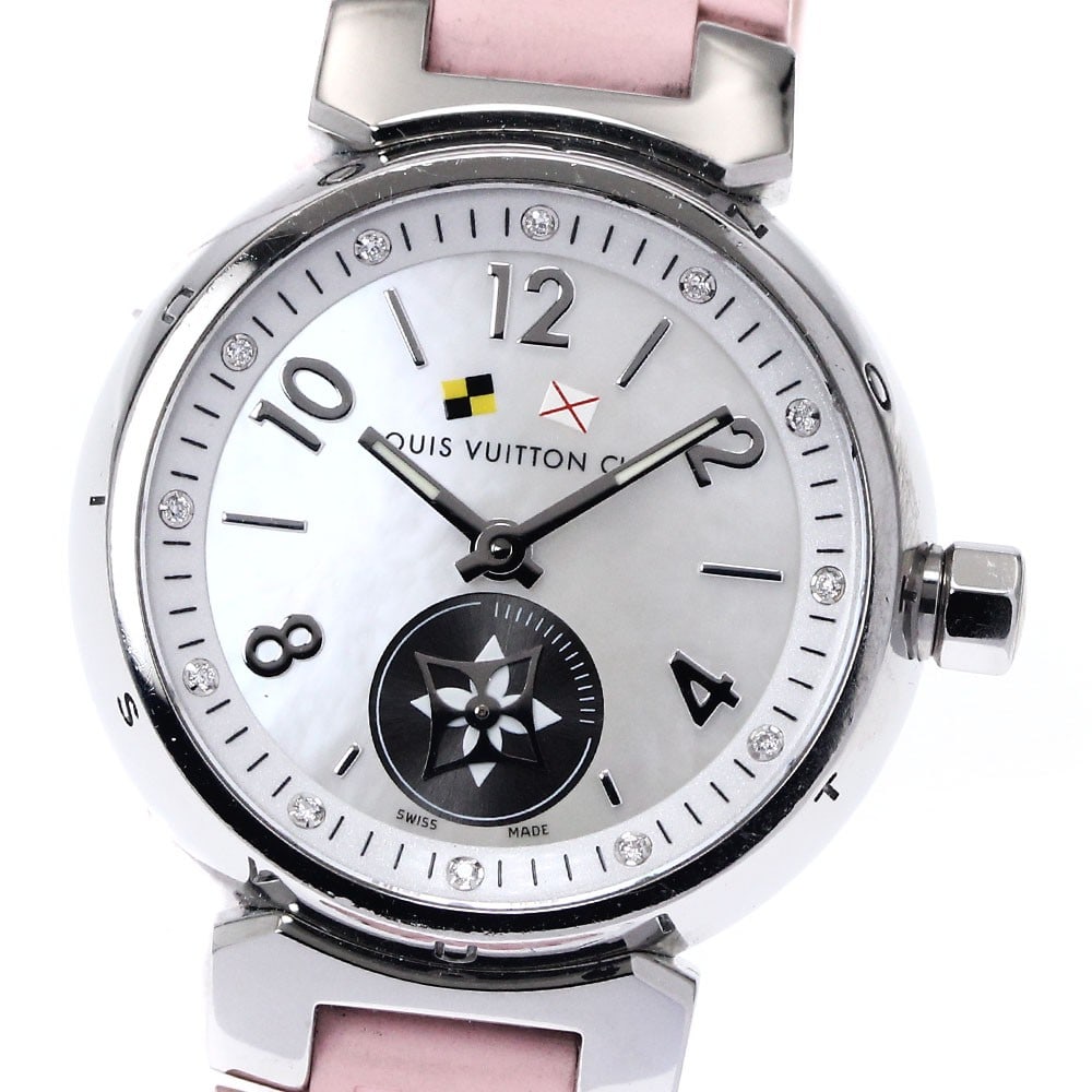 Louis Vuitton Tambour Lovely Cup Quartz Womens Wristwatch Q12M0: Louis Vuitton Tambour Lovely Cup Quartz Womens Wristwatch Q12M0 This Louis Vuitton Tambour Lovely Cup women's wristwatch features a stainless steel case paired with a white shell dial and a rubber bra