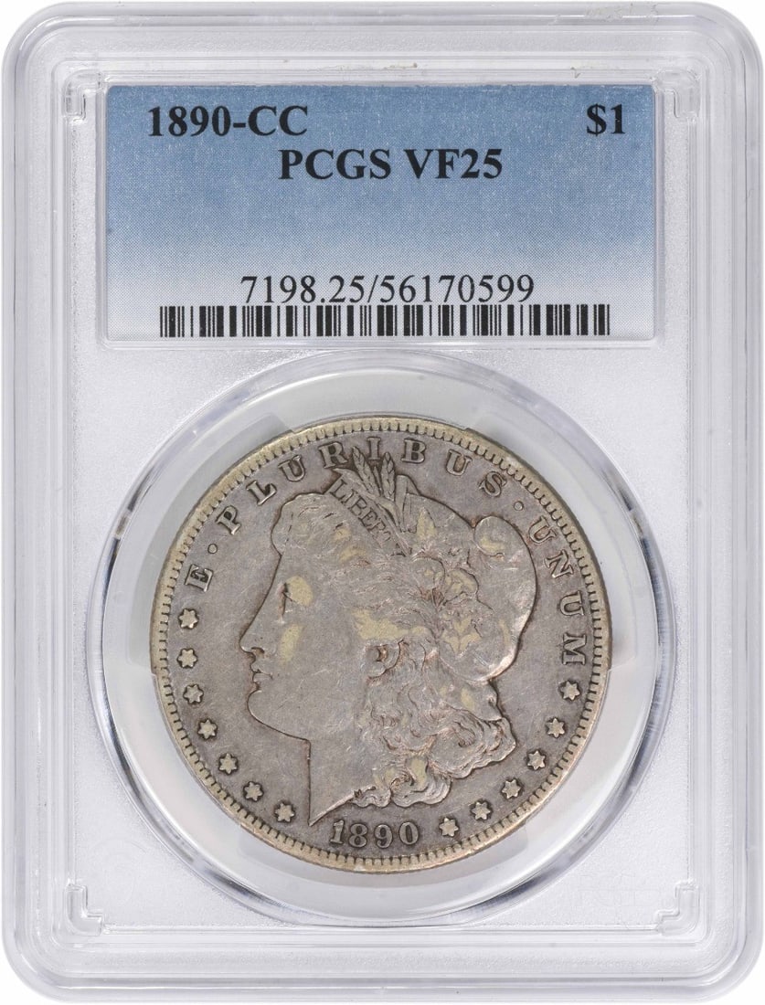 PCGS VF25 1890 Carson City Morgan Dollar 90 Percent Silver: PCGS VF25 1890 Carson City Morgan Dollar 90 Percent Silver This 1890-CC Morgan Silver Dollar is certified by PCGS and graded VF25. Struck at the Carson City Mint, it is composed of 90% silver and 10% 