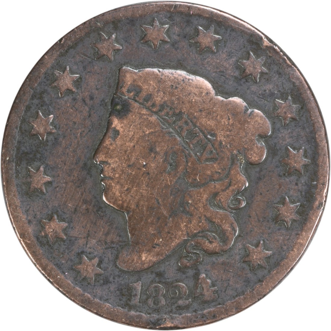1824 Large Cent Coronet Head Copper Coin Uncertified: 1824 Large Cent Coronet Head Copper Coin Uncertified This 1824 Large Cent features the distinguished Coronet Head design by Robert Scot. It is a circulated coin from the Philadelphia mint, showcasing 