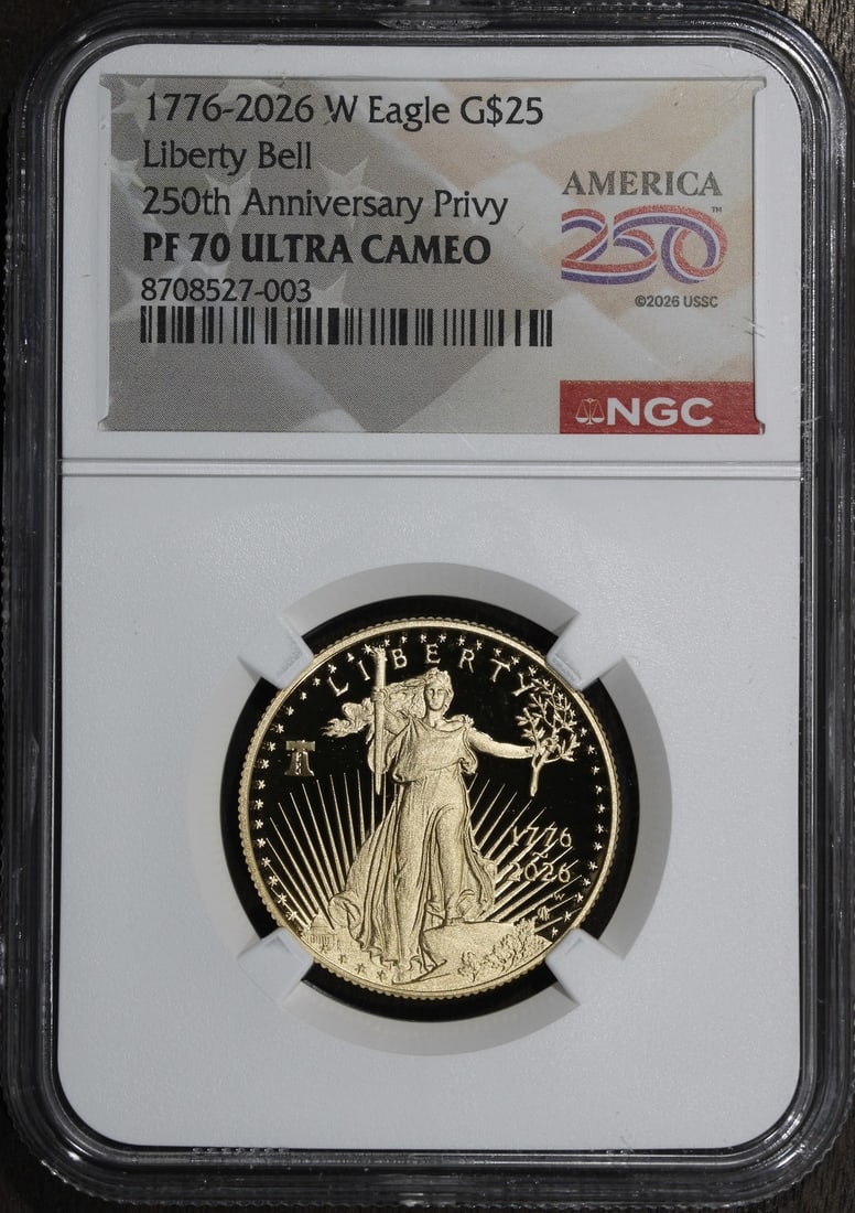 NGC PF70 2026 W Proof American Gold Eagle 1/2 oz $25: NGC PF70 2026 W Proof American Gold Eagle 1/2 oz $25 Proof American Gold Eagle coin dated 2026, with a dual date bell design and graded PF70 by NGC. It is composed of gold with a fineness of 0.9167 an
