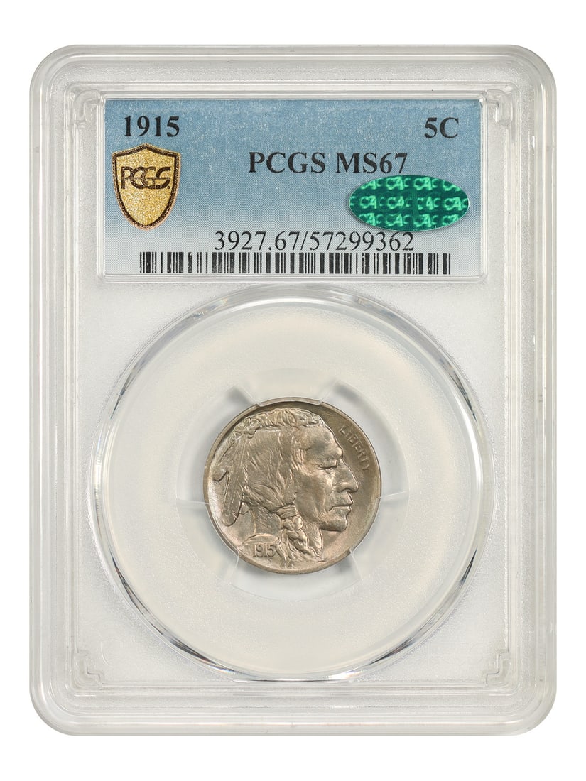 PCGS MS67 CAC 1915 Buffalo Nickel 5C Philadelphia Mint: PCGS MS67 CAC 1915 Buffalo Nickel 5C Philadelphia Mint 1915 Buffalo Nickel graded MS67 by PCGS and CAC approved. This uncirculated Philadelphia issue is described as fully struck with sharp, grade-wor