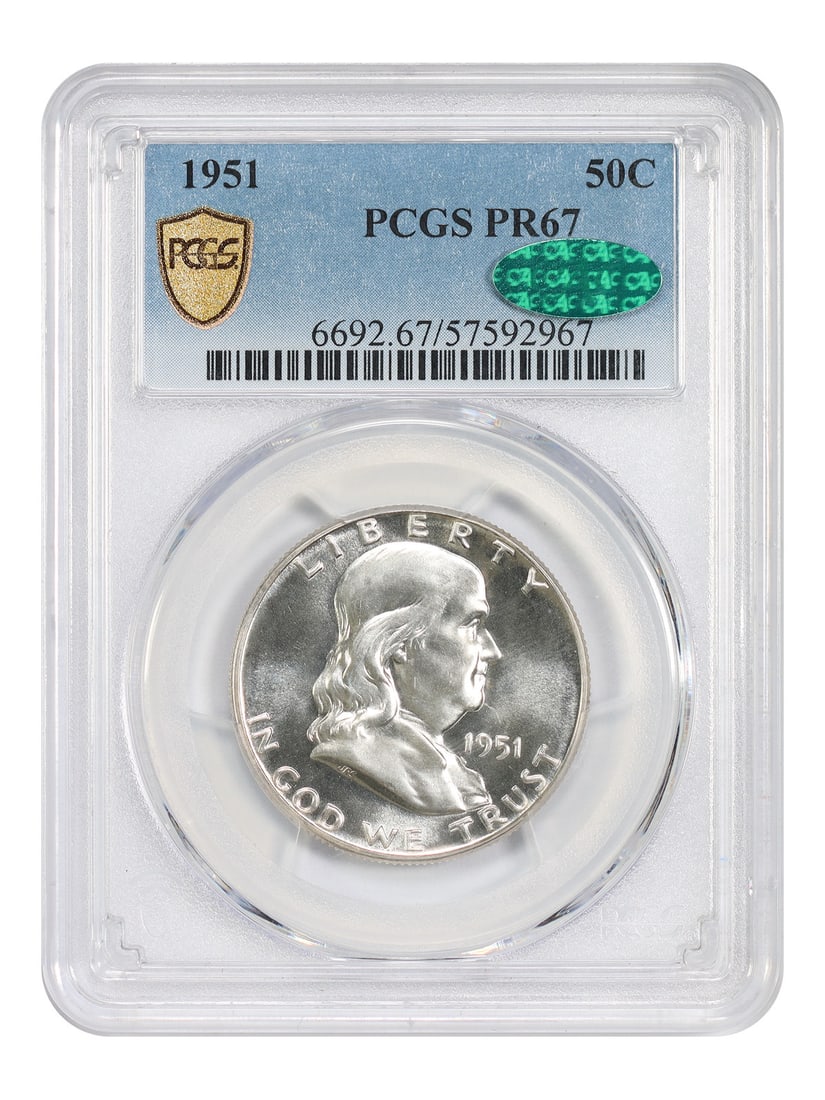 PCGS CAC PR67 1951 Franklin Half Dollar 50C: PCGS CAC PR67 1951 Franklin Half Dollar 50C 1951 Franklin Half Dollar 50C graded PR67 by PCGS/CAC. This uncirculated Philadelphia issue is a popular and scarce coin from a mintage of 57,500 coins. Pre