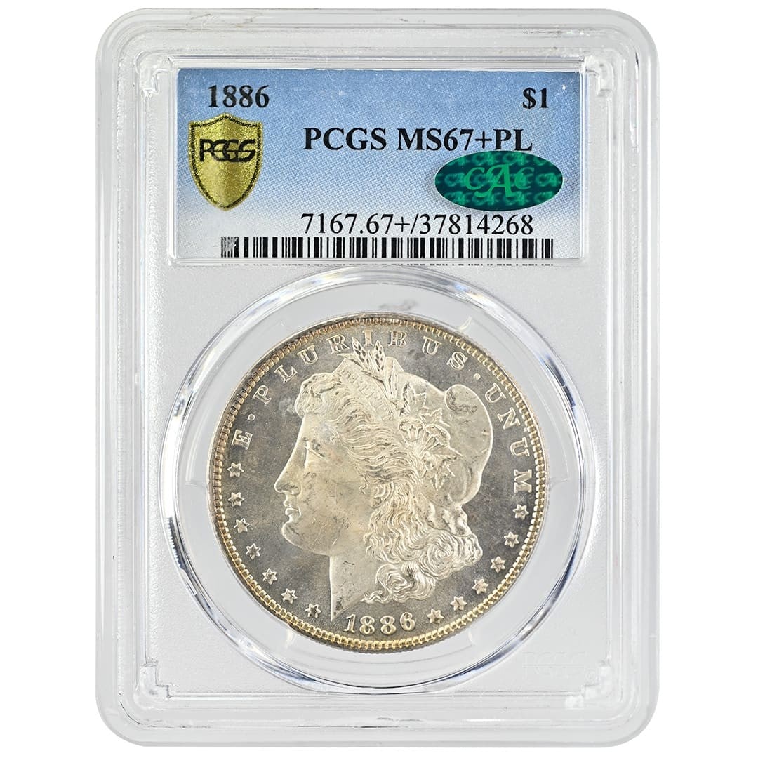 PCGS MS67+PL CAC 1886 Morgan Silver Dollar: PCGS MS67+PL CAC 1886 Morgan Silver Dollar This 1886 Morgan Dollar is a rare silver coin from the United States, graded MS67+ Proof-Like by PCGS and bearing the CAC certification. Struck in Philadelph