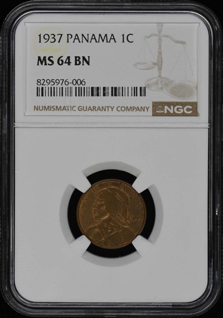 1937 Panama Centesimo 1C NGC MS64BN Uncirculated Coin: 1937 Panama Centesimo 1C NGC MS64BN Uncirculated Coin This stunning 1937 Panama Centesimo coin is graded MS64 by NGC, reflecting its uncirculated condition. With a certification number of 8295976006, 