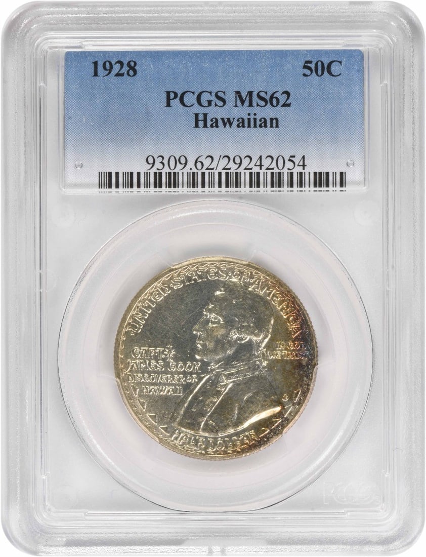 1928 United States Hawaii Silver Half Dollar PCGS MS62 Commemorative Coin: 1928 United States Hawaii Silver Half Dollar PCGS MS62 Commemorative Coin This 1928 Hawaii Commemorative Silver Half Dollar is graded MS62 by PCGS. Struck at the Philadelphia Mint, this uncirculated c
