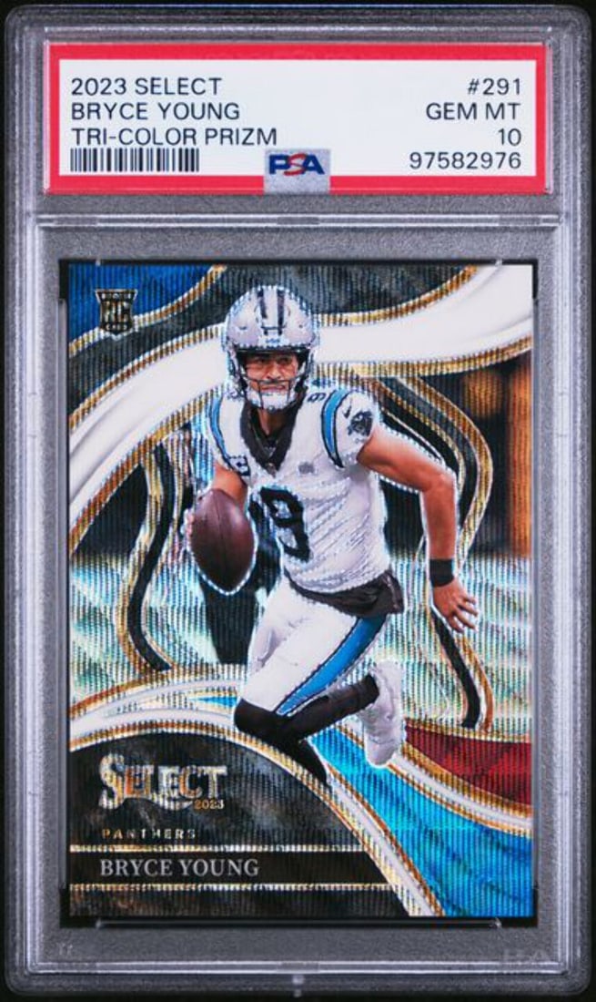 PSA 10 2023 Panini Select Bryce Young Tri Prizm Rookie Card #291 Serial /149: PSA 10 2023 Panini Select Bryce Young Tri Prizm Rookie Card #291 Serial /149 This is a 2023 Panini Select Bryce Young #291 Tri Prizm Rookie Card, serial numbered to 149. The card has been encapsulated