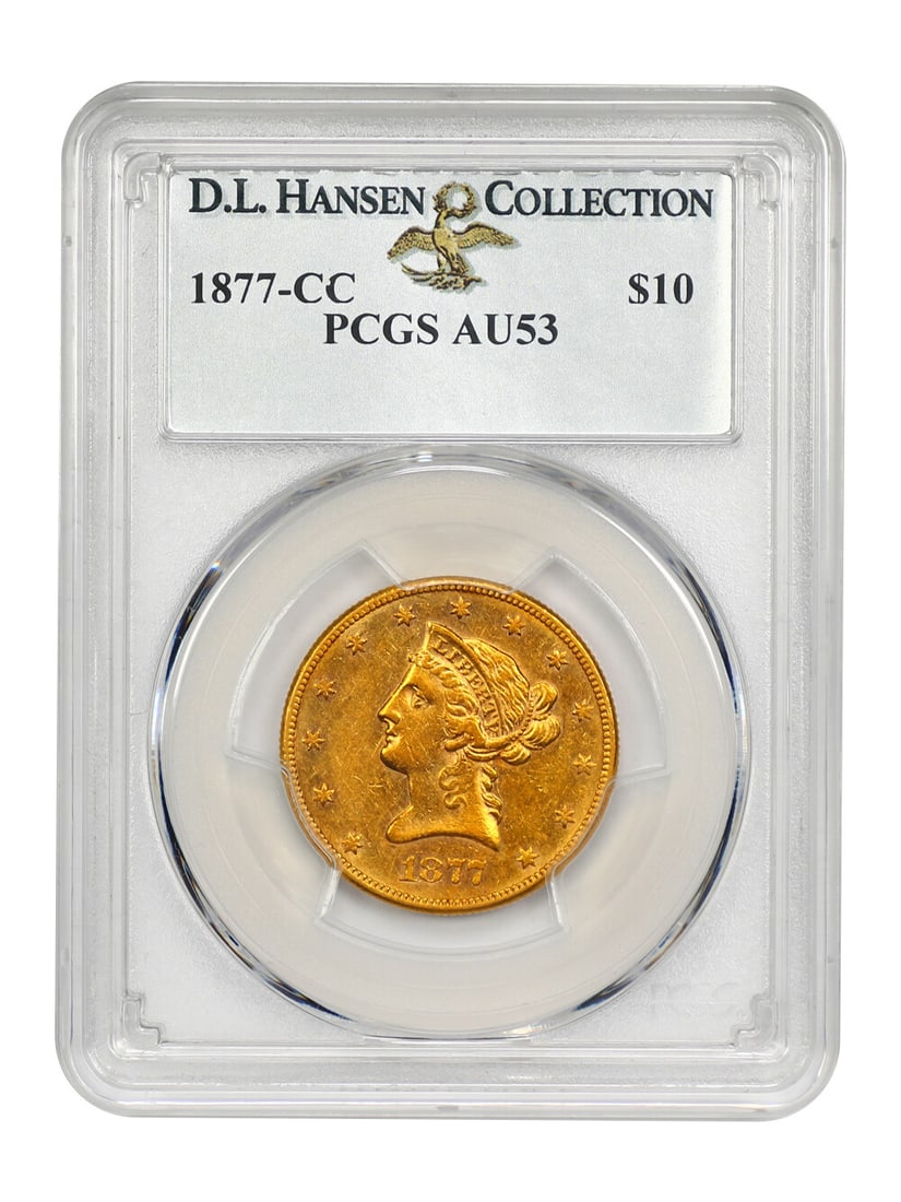 1877-CC $10 Liberty Head Gold Coin PCGS AU53 Rare CC-Mint: 1877-CC $10 Liberty Head Gold Coin PCGS AU53 Rare CC-Mint This 1877-CC $10 Liberty Head Gold Coin, certified by PCGS with a grade of AU53, is a remarkable piece from the Carson City Mint. With a low m