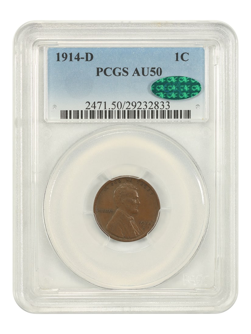 PCGS CAC AU50 1914-D Lincoln Wheat Cent Key Date 1C: PCGS CAC AU50 1914-D Lincoln Wheat Cent Key Date 1C 1914-D Lincoln Cent (Wheat Reverse), a key date Denver Mint issue certified by PCGS and graded AU50 with CAC approval. The coin is described as a wo