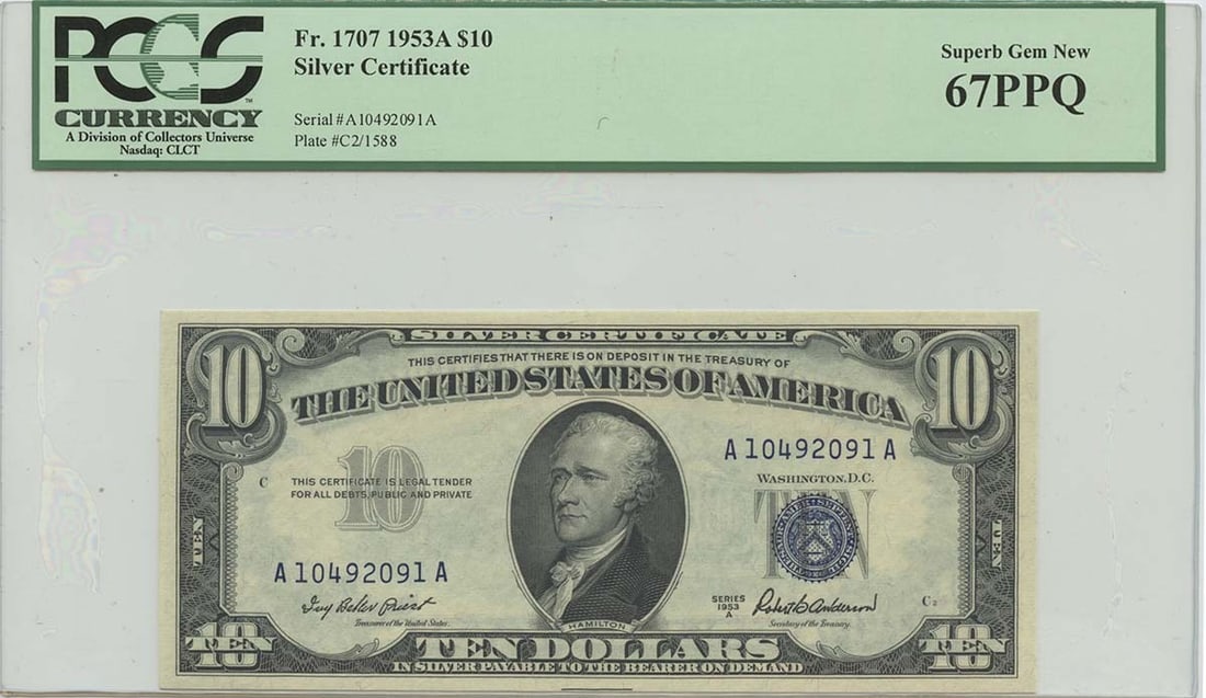 1953 $10 Silver Certificate FR#1707 PCGS MS67 PPQ Uncirculated (1 of 2)
