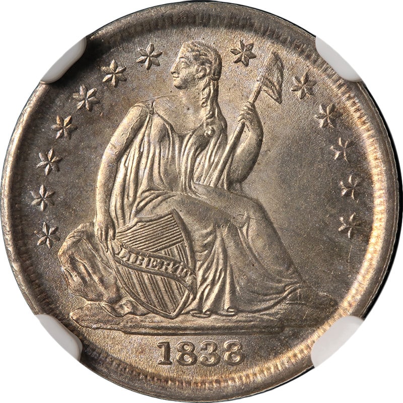 Silver 1838 Seated Liberty Dime Partial Drapery NGC MS66: Silver 1838 Seated Liberty Dime Partial Drapery NGC MS66 This 1838 Seated Liberty Dime features the partial drapery design and is certified by NGC with an MS66 grade. The coin is composed of silver wi