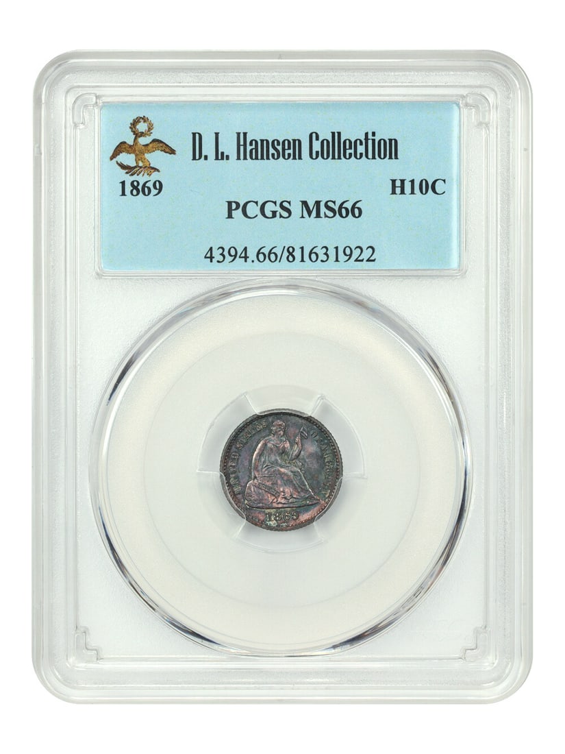 1869 Liberty Seated Half Dime H10C PCGS MS66 D.L. Hansen: 1869 Liberty Seated Half Dime H10C PCGS MS66 D.L. Hansen 1869 Liberty Seated Half Dime graded PCGS MS66. This uncirculated Philadelphia coin is richly toned with deep shades of teal and pink on both s