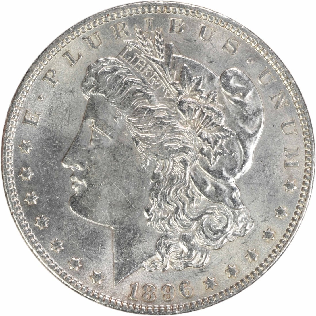 1896 Silver Morgan Dollar Choice Brilliant Uncirculated Uncertified: 1896 Silver Morgan Dollar Choice Brilliant Uncirculated Uncertified This is an 1896 Morgan Silver Dollar with a Choice Brilliant Uncirculated (BU) grade. The coin is uncertified, composed of silver, a