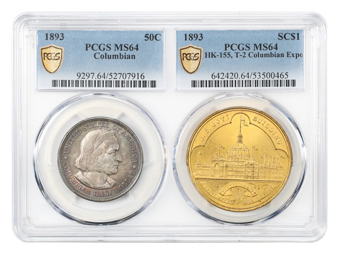 PCGS MS64 Dual Holder 1893 Columbian 50C and HK-155 SC$1 Expo: PCGS MS64 Dual Holder 1893 Columbian 50C and HK-155 SC$1 Expo 1893 Classic Silver Commemorative 50C Columbian half dollar, minted in Philadelphia and certified by PCGS as MS64. The piece is listed as 