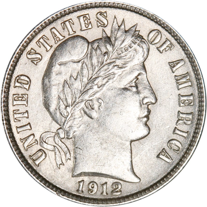 1912 Silver Dime from Philadelphia Barber Series: 1912 Silver Dime from Philadelphia Barber Series This 1912-P Barber Dime is a circulated coin from the United States, featuring a silver composition with a 0.9 fineness. The coin was minted in Philade