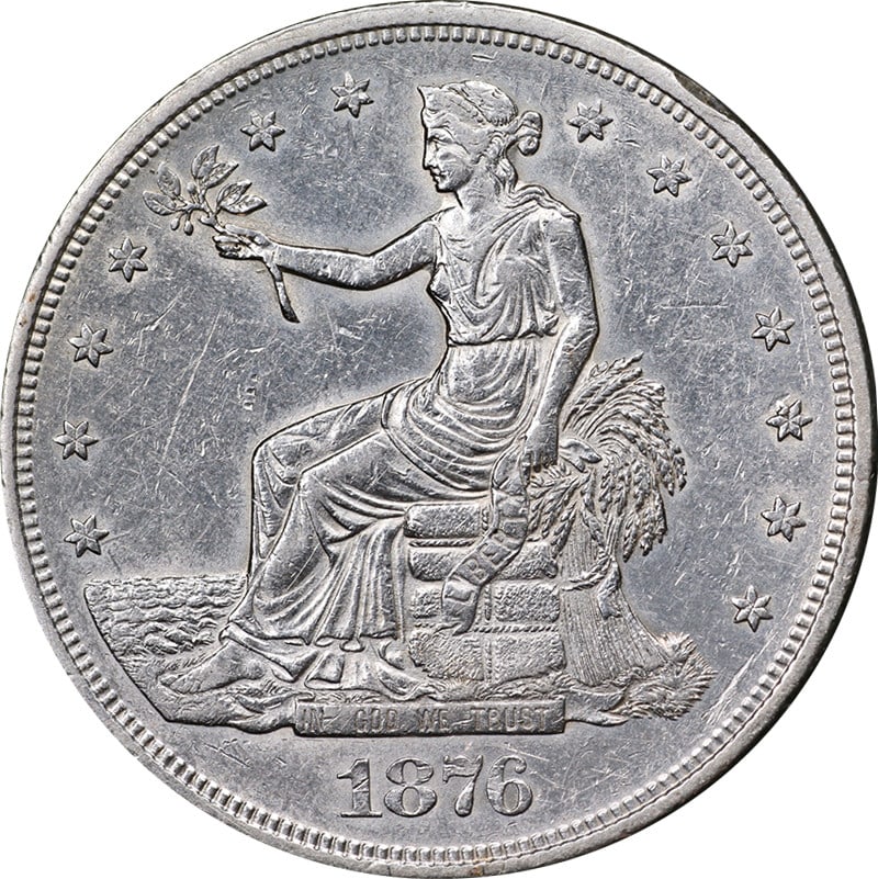 1876 Philadelphia Silver Trade Dollar Nice AU BU: 1876 Philadelphia Silver Trade Dollar Nice AU BU This 1876-P Trade Dollar from the United States features a bright white appearance with fantastic luster and a strong strike. Graded as Nice AU/BU, thi