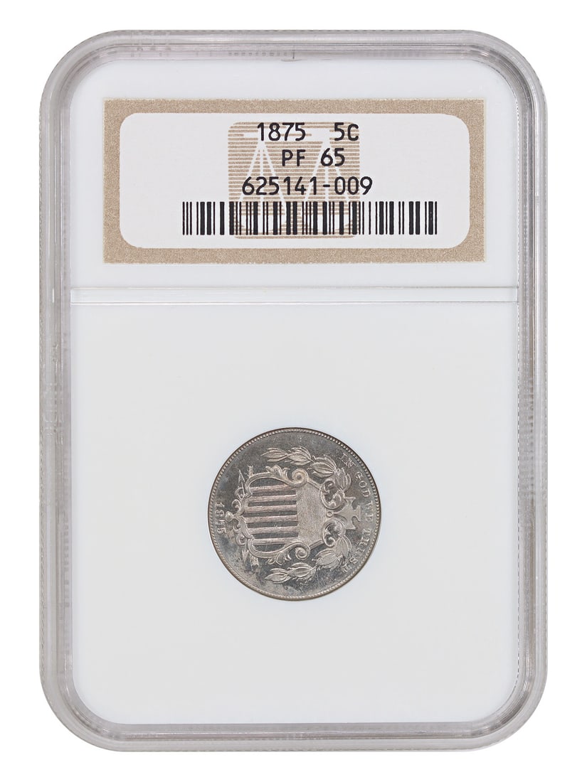 1875 Shield Nickel 5C NGC PR65 Scarce Proof Issue: 1875 Shield Nickel 5C NGC PR65 Scarce Proof Issue 1875 Shield Nickel 5C proof issue certified by NGC as PR65. Struck in Philadelphia, this uncirculated coin is noted as a scarce proof issue from a min
