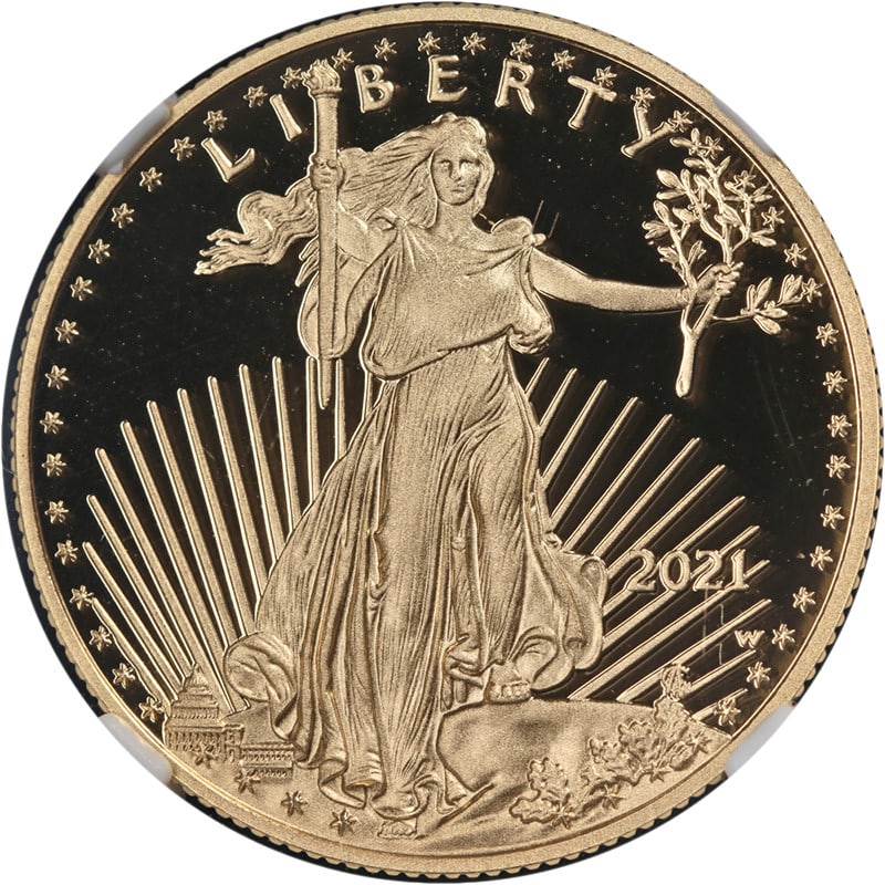 NGC PF70 Ultra Cameo 2021-W $25 Gold Eagle Type 2 Proof First Releases: NGC PF70 Ultra Cameo 2021-W $25 Gold Eagle Type 2 Proof First Releases This 2021-W Gold American Eagle $25 Type 2 Proof coin is graded by NGC as PF70 Ultra Cameo First Releases, indicating a perfect g