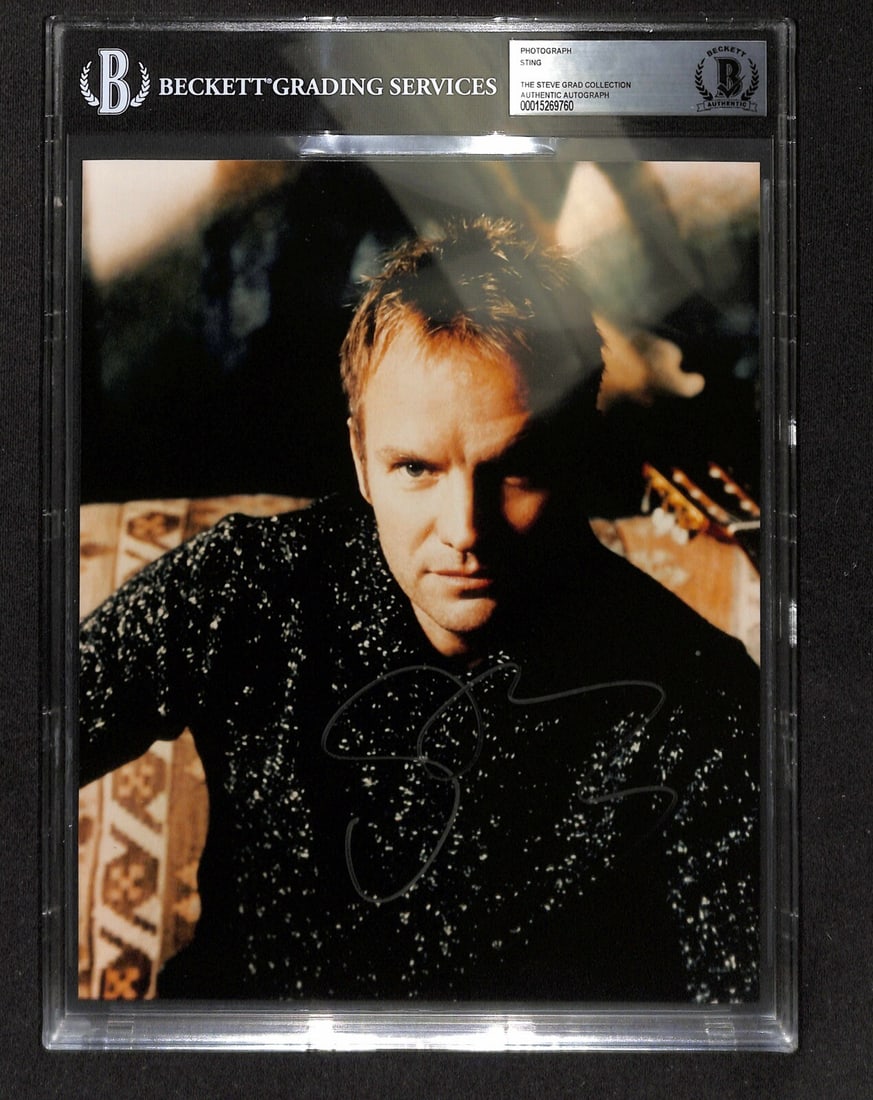 Sting Signed 8x10 Photo with Beckett Authentication: Sting Signed 8x10 Photo with Beckett Authentication This is an autographed 8x10 photograph of musician Sting, signed in silver permanent marker. The autograph has been authenticated by Beckett Authent