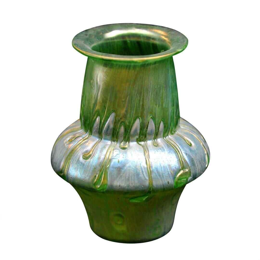 Austria Green Iridescent Applied Glass Art Vase: Austria Green Iridescent Applied Glass Art Vase This art vase features an iridescent green glass body with applied decorative elements, characteristic of Austrian or Loetz craftsmanship from the early