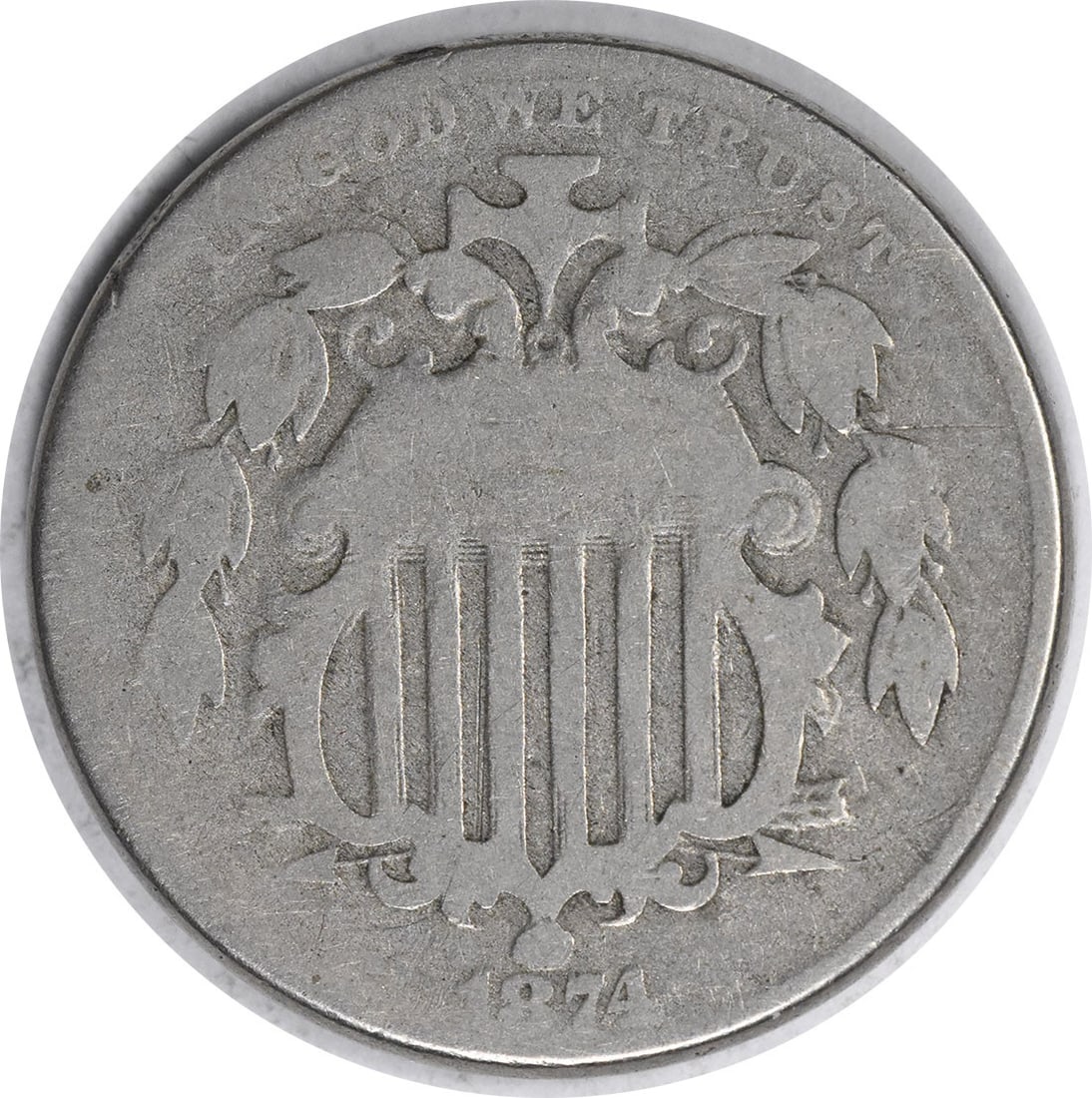 1874 Shield Nickel DDO FS-104 Uncertified Circulated Coin USA: 1874 Shield Nickel DDO FS-104 Uncertified Circulated Coin USA This 1874 Shield Nickel is a noteworthy coin from the United States, featuring the design of renowned engraver James Barton Longacre. It i