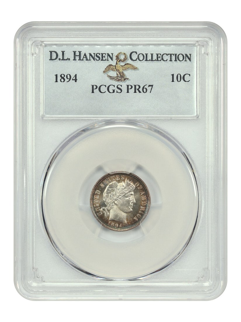 1894 Barber Dime 10C PR67 PCGS D.L. Hansen Scarce High Grade: 1894 Barber Dime 10C PR67 PCGS D.L. Hansen Scarce High Grade Presenting a remarkable 1894 Barber Dime, graded PR67 by PCGS, a rare find from a limited mintage of only 972 coins. This uncirculated spec