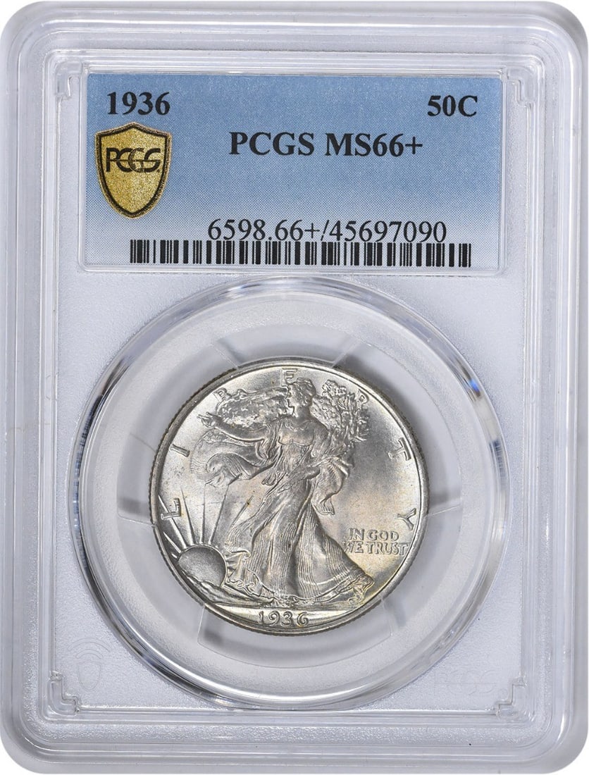 PCGS MS66+ 1936 Walking Liberty 50C Silver Half Dollar: PCGS MS66+ 1936 Walking Liberty 50C Silver Half Dollar This 1936 Walking Liberty Silver Half Dollar was struck at the Philadelphia Mint and is certified by PCGS with a grade of MS66. Composed of 90% s