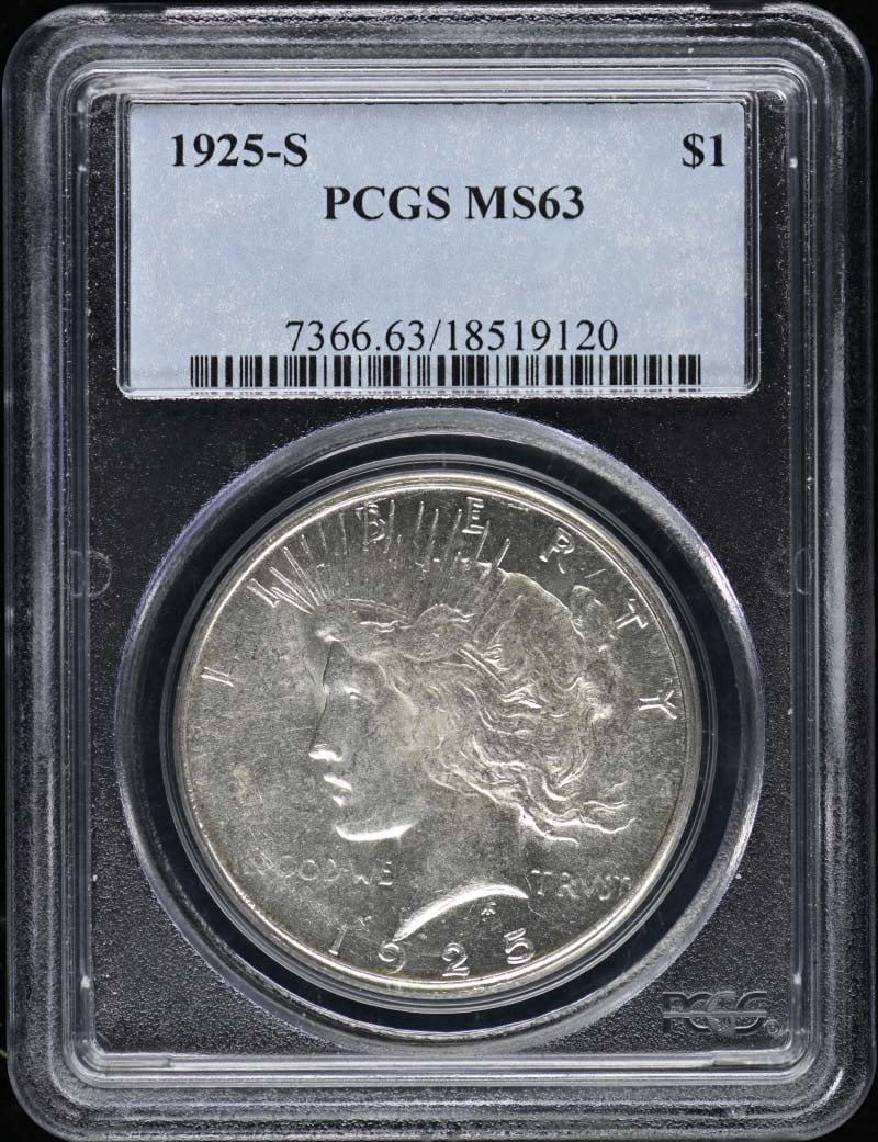 1925-S Peace Dollar PCGS MS63 San Francisco Uncirculated: 1925-S Peace Dollar PCGS MS63 San Francisco Uncirculated This 1925-S Peace Dollar is a remarkable addition to any coin collection. Certified by PCGS with a grade of MS63, this uncirculated coin showca