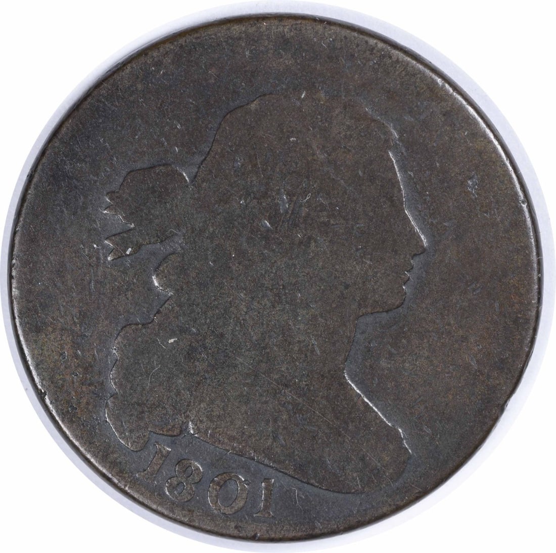 1801 Large Cent Draped Bust Copper Coin G Uncertified: 1801 Large Cent Draped Bust Copper Coin G Uncertified This 1801 Large Cent features the Draped Bust design by Robert Scot, struck in copper at the Philadelphia mint. As a circulated coin in Good (G) c