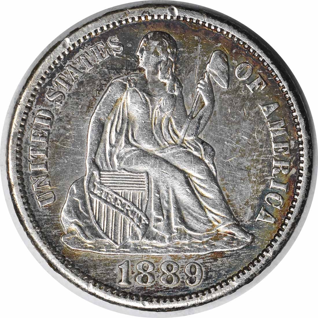 1889-S Liberty Seated Silver Dime AU San Francisco 90% Silver: 1889-S Liberty Seated Silver Dime AU San Francisco 90% Silver This 1889-S Liberty Seated Silver Dime is a fine example of American numismatic history. Featuring the iconic Seated Liberty design by Chr