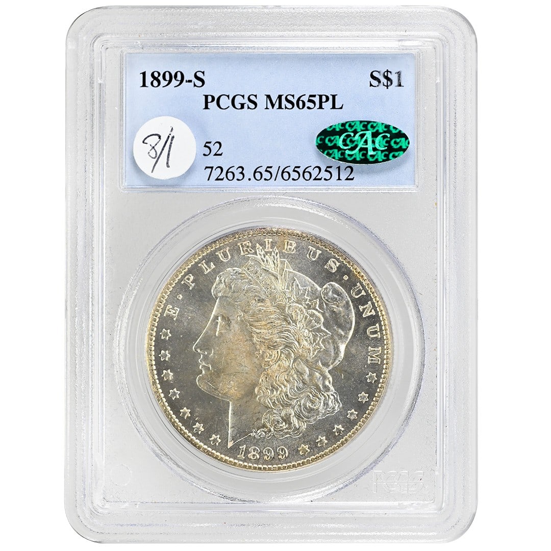 1899-S Morgan Dollar Silver PCGS MS65PL CAC Proof Like: 1899-S Morgan Dollar Silver PCGS MS65PL CAC Proof Like This 1899-S Morgan Dollar is an uncirculated silver coin from the United States, featuring a proof-like strike. Graded MS65PL by PCGS and verifie