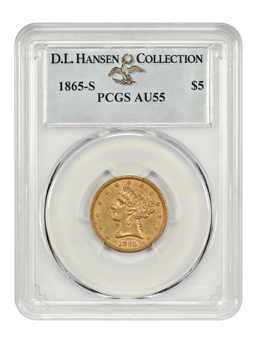1865-S Liberty Head $5 Gold Coin PCGS AU55 Civil War Era: 1865-S Liberty Head $5 Gold Coin PCGS AU55 Civil War Era This 1865-S $5 Liberty Head coin, certified by PCGS with a grade of AU55, represents a remarkable example of Civil War-era gold coins. Struck a