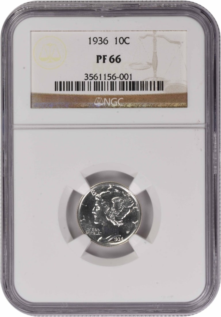1936 Proof Mercury Dime NGC PR66 Philadelphia 90 Percent Silver: 1936 Proof Mercury Dime NGC PR66 Philadelphia 90 Percent Silver This is a 1936 Mercury Dime from the Philadelphia Mint, graded PR66 by NGC. The coin is uncirculated, features a proof strike, and is co