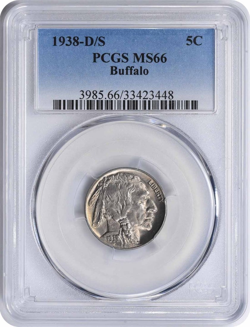 PCGS MS66 1938-D/S Buffalo 5C Nickel: PCGS MS66 1938-D/S Buffalo 5C Nickel This is a 1938 Buffalo nickel with a D mint mark, graded MS66 by PCGS. The coin is uncirculated and composed of nickel. It is a five-cent piece from the United Sta