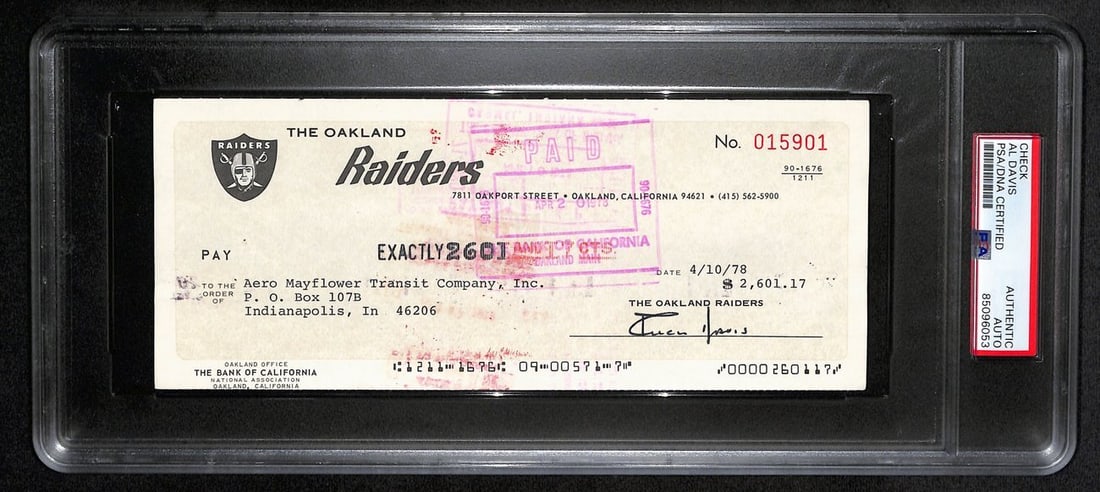 PSA DNA Al Davis autographed Oakland Raiders 1978 check (1 of 2)