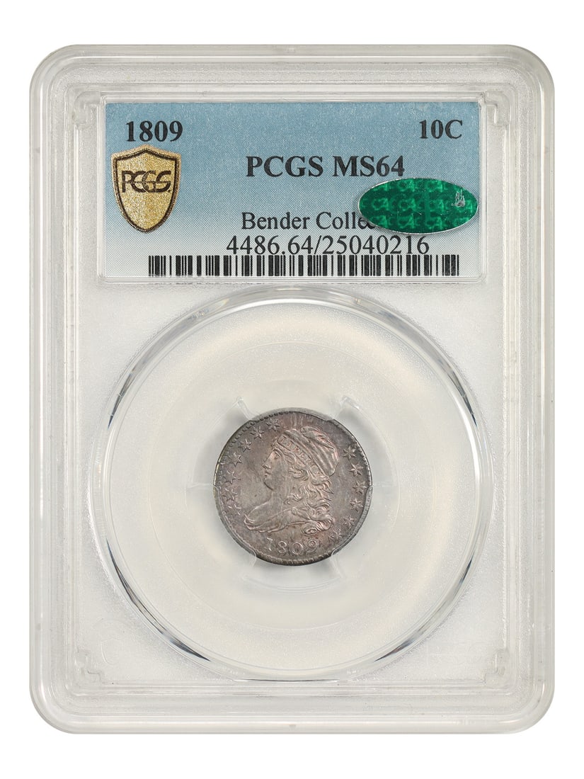 1809 Capped Bust Dime PCGS CAC MS64 Bender: 1809 Capped Bust Dime PCGS CAC MS64 Bender This 1809 Capped Bust Dime is graded MS64 by PCGS and is CAC-approved. Struck in Philadelphia, this uncirculated 10-cent piece features peach, rose, and sea-