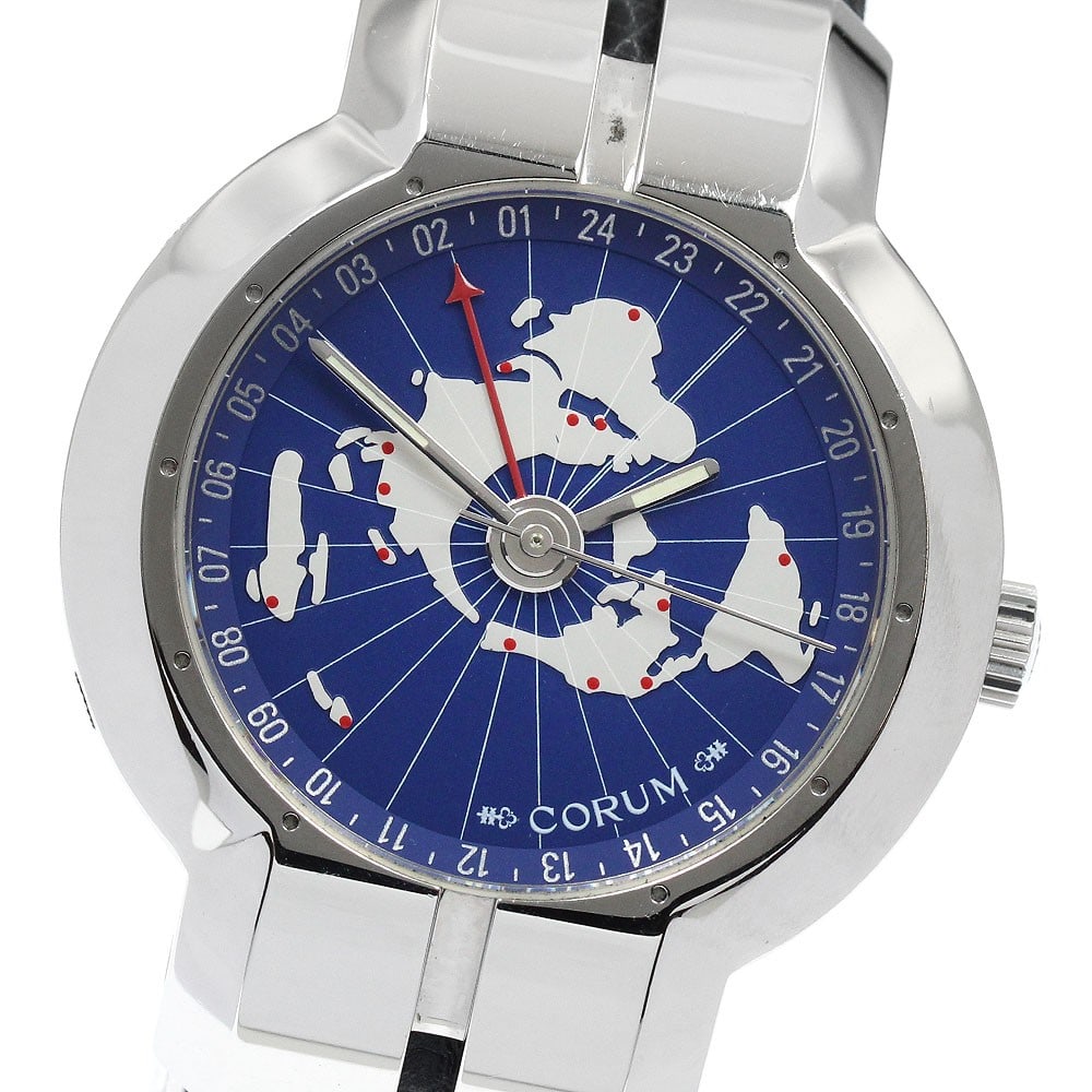CORUM GMT Automatic Stainless Steel Blue Dial Men's Wristwatch: CORUM GMT Automatic Stainless Steel Blue Dial Men's Wristwatch This CORUM 283.251.20 Chronum GMT men's wristwatch features a stainless steel case and a blue dial, complemented by a leather strap. The 